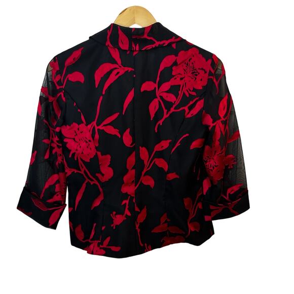 Alex Evenings Wrap Jacket Top S Dressy Black‎ Red Floral 3/4 Sleeve Formal Sheer - Picture 3 of 5